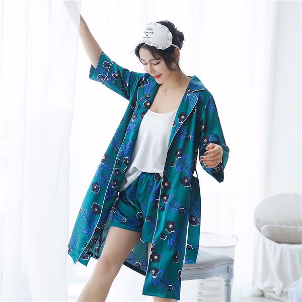 

women bathrobe + cami + shorts pajamas set three pieces short pants summer sleepwear satin silk nightwear high grade, Blue;gray