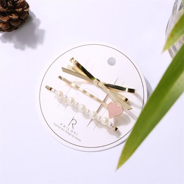 

korean simple fashion bow love pearl hair clip word clip set cute girls girls hair accessories jewelry party y40, Golden;white