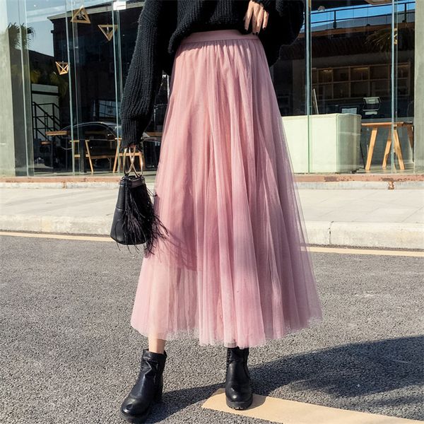 

2019 spring summer new large size women's clothing fashion elegant mesh skirt elastic force fairy pleated skirts x684, Black
