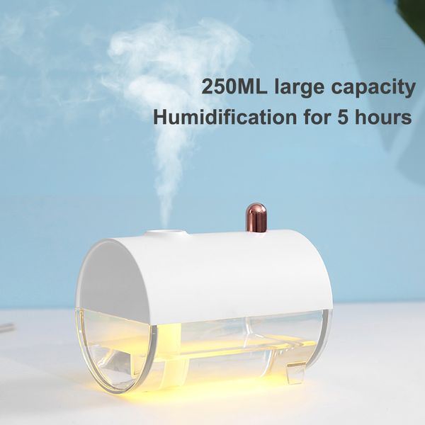 

250ml portable shape design humidifier with warm usb charging submarine boat white led night light air diffuser household