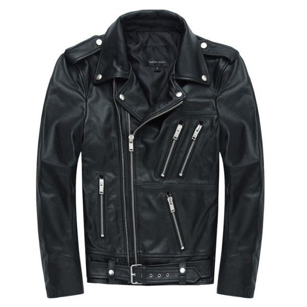 

luxury sheepskin genuine leather jackets men slim natural real leather jackets multi zippers biker motorcycle coats streetwear, Black