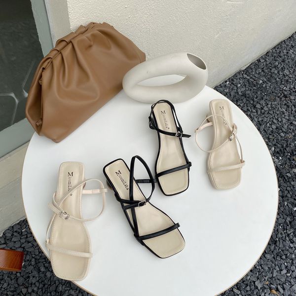 

buckle strap square toe 2020 sandals block heels comfort shoes for women suit female beige women's fashion chunky comfort block, Black