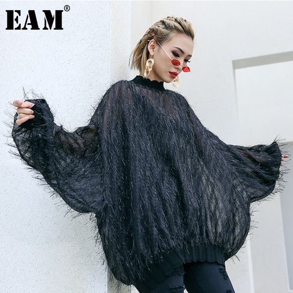 

eam] 2019 new spring summer stand collar long bawing sleeve black perspective tassels big size t-shirt women fashion tide jo347, White