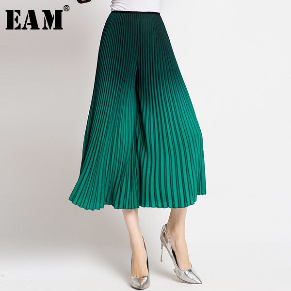 

eam] 2019 new autumn winter high elastic waist green gradual color loose pleated wide leg pants women trousers fashion jl565, Black;white