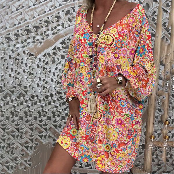 

plus size summer women mini dress floral print colorful long sleeve casual loose dress v-neck 2019 female beach mini dress, Black;pink