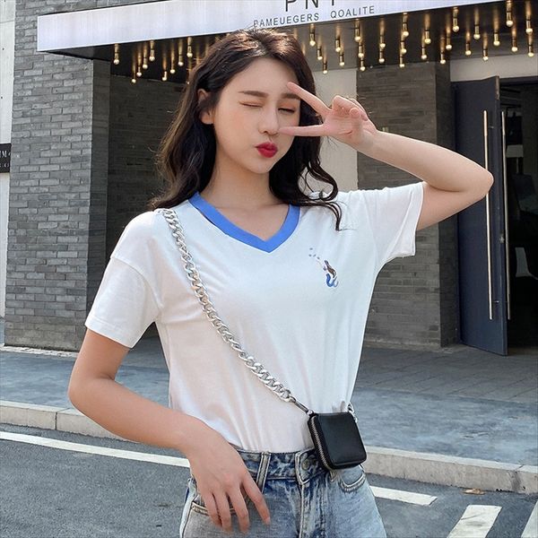 

2020v t- collar white t-shirt women's short-sleeved small machine loose embroidery base shirt top