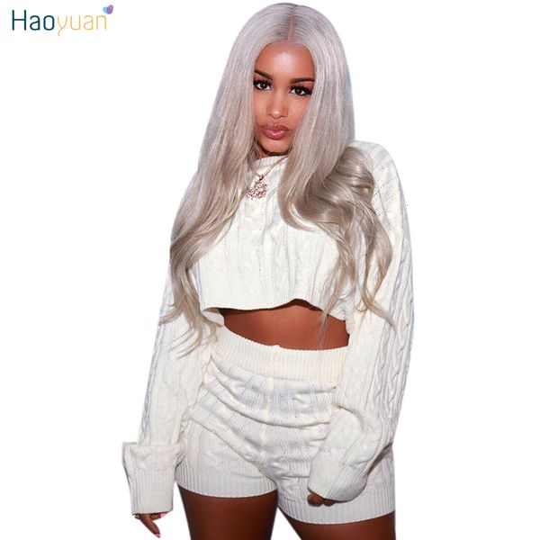 

haoyuan women two piece set club outfits sweater crop and biker shorts knitted clothes tracksuit 2piece matching sets y190923, Black;white