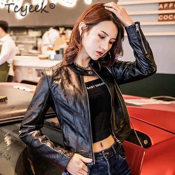 

tcyeek brand motorcycle pu leather jacket women winter autumn fashion coat female outerwear jackets 2019 slim fit coats khpy1906, Black