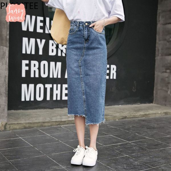 

worn spring denim mujer skirt with high waist split hit color pocket jeans women long skirt streetwear irregular faldas, Black