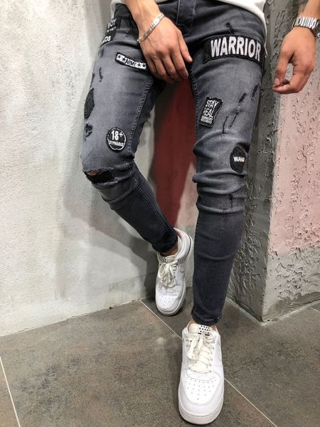 

men designer hole jeans casual solid ripped washed applique distrressed pencil pants fashion boys streetwears with pockets, Blue