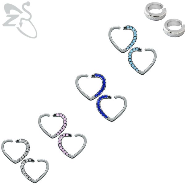 

zs heart cuff earrings for women stainless steel clip earrings with colorful zirconia round fake piercing ear jewelry oorbellen, Silver