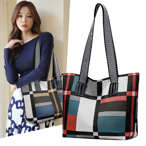 

2020 new women's bag contrast check bag oxford casual handbag new women's shoulder simple travel fashion tote