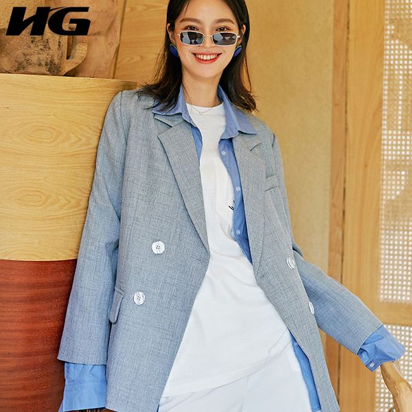 

hg retro blazer coat women gray double breasted suit collar loose fashion elegant leisure 2019 new autumn blazer lady zyq1451, White;black
