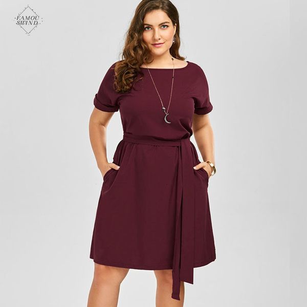 

size plus dress belted knee length pockets women designer clothes wear 2019 o neck dress vintage office work summer, Black;gray