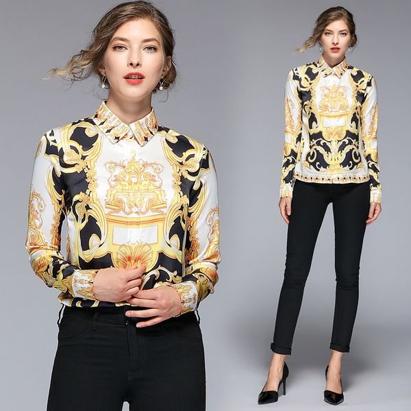 

2019 Runway Люкс дворец Стиль Барокко печати Тонкий с длинным рукавом Рубашки женщин La