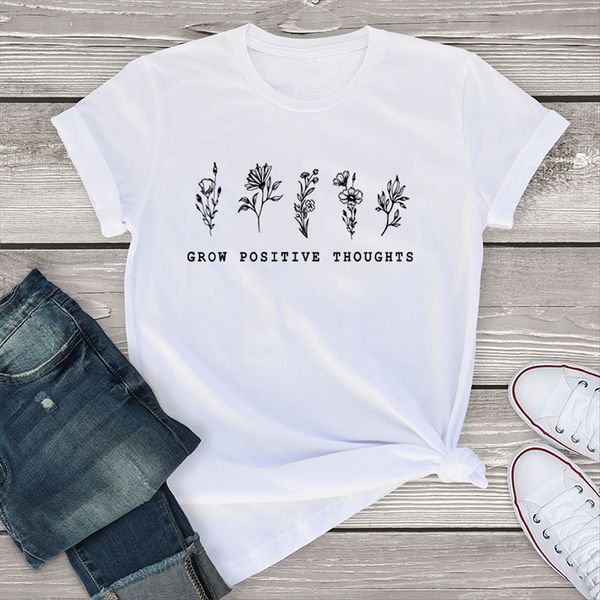 

women's wear grow positive thought printed short sleeve round collar t-shirt women's wear grow positive thought printed short slee, White