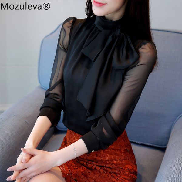 

women's blouses & shirts mozuleva 2021 summer fashion tunic women blouse long sleeve tie bow chiffon turtleneck formal white black shir