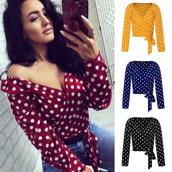 

Womens Polka Dot Sexy Deep Wrap V Neck Long Sleeve Tops Holiday Slim Fit T Shirt