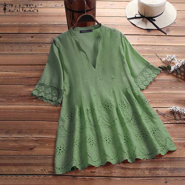 

2020 summer short sleeve blouse zanzea elegant solid v neck work shirts women lace crochet hollow out blusas tunic chemise, White