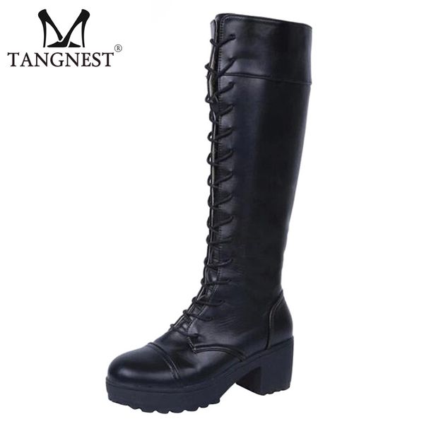 

tangnest new women knee high boots platform motorcycle boots cool shoes woman lace-up thick med heels fashion xwx6250, Black
