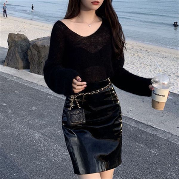 

2019 womens solid color v-neck twist loose sweater long sleeve casual knit pullover, White;black