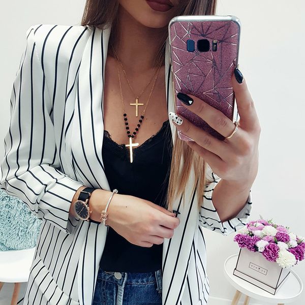 

women fashion lapel long sleeve black and white striped blazers coats jackets ladies casual thin slim office lady cardigan out, Black;brown