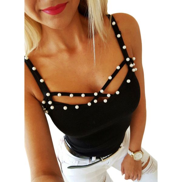 

helisopus sleeveless strappy tank women summer black solid beaded casual slim cami, White