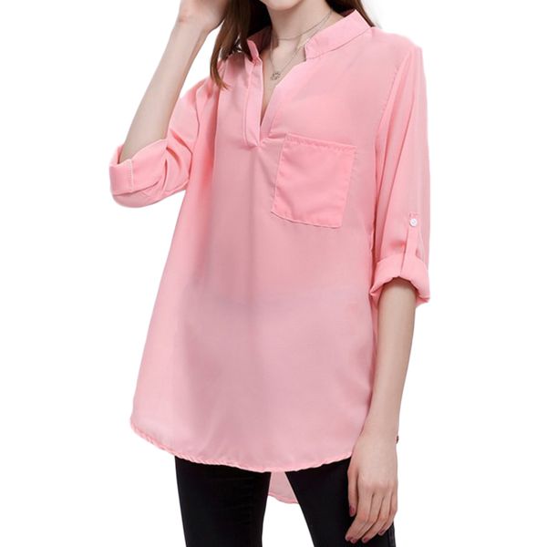 

women fashion casual long sleeve v neck solid color loose chiffon blouse, White