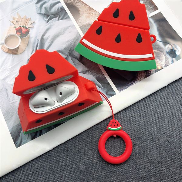 

silicone case for airpods 2 1 3d watermelon modeling protective cover storage box for apple earphone with finger ring
