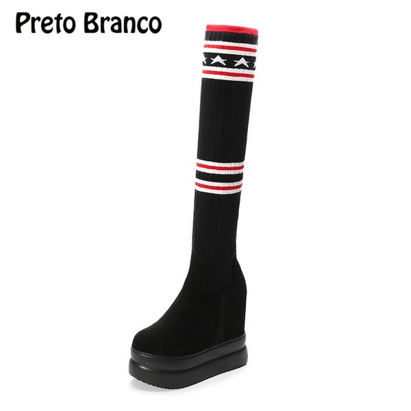 

preto branco women platform sock boots black knee high women boots thin leg elastic knitting thick soled heels zyw-188-2