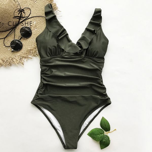 

cupshe army green сборки цельный купальник женщин v-образным вырезом falbala твердая монокини 2020 девочка пляж plain купальники купальник, White;black