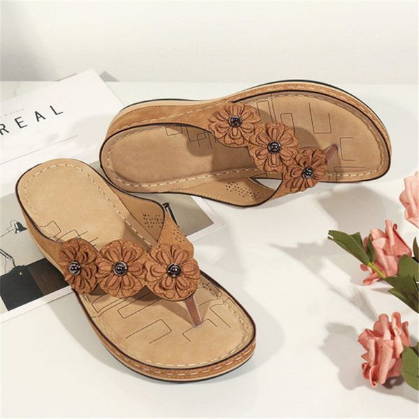 

summer casual women slippers leather wedges heel flip flops platform flower outdoor beach ladies shoes zapatos de mujer, Black
