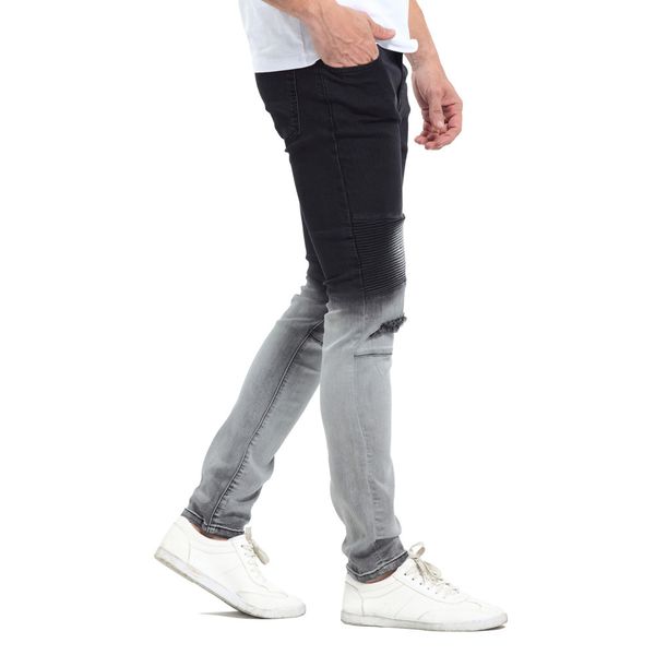 

gradatient color jeans mens stylish designer black white color patchwork washed pencil pants jeans, Blue