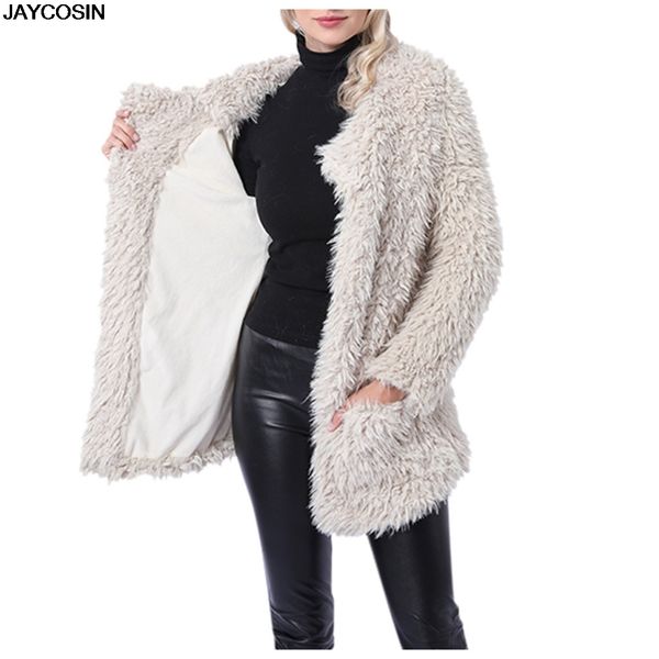 

jaycosin faux fur white loose coat wide waisted v neck long sleeve outwear jacket coat sweater women clothing 2019 9902, Black