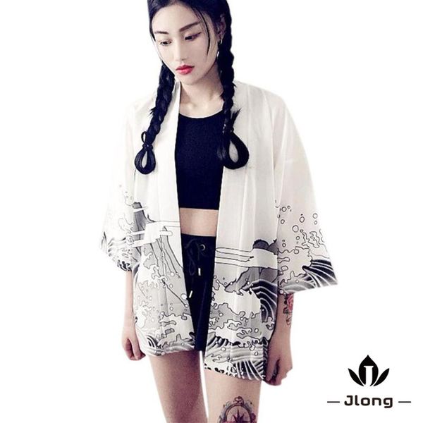 

урожай японского harajuku волна стиля и ветер дракон японского кимоно печать шифона кардиган летом вс, White