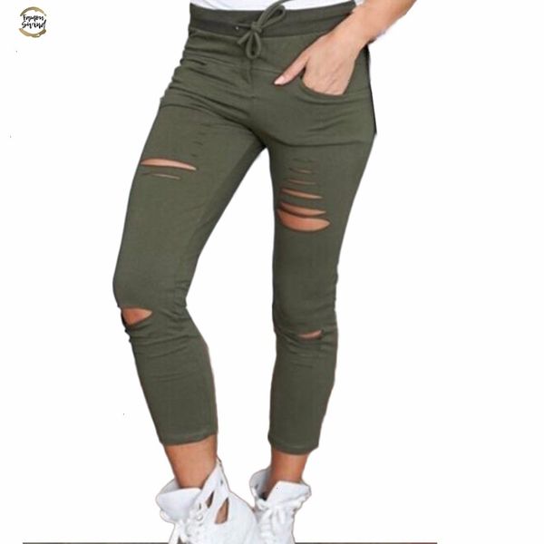

2019 women fashion cotton hole pencil pants skinny nine points pants high waist stretch jeans slim pencil trousers capris hot, Black;white