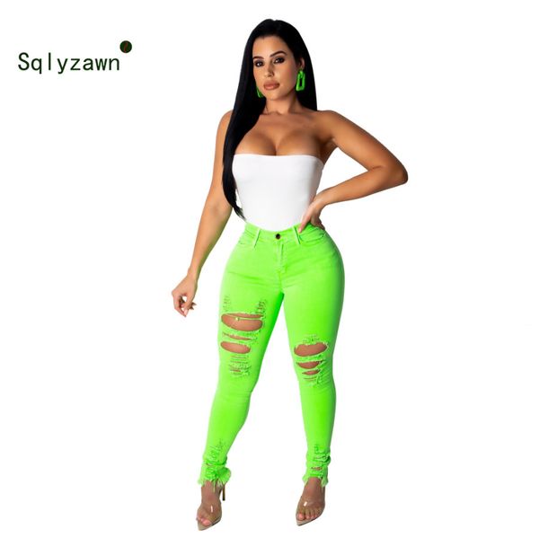 

xxl neon green orange sexy high waist jeans pants women stretchy holes casual denim trousers streetwear plus size pencil pants, Blue