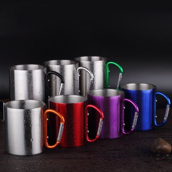 

stainless steel outdoor camping mug with carabiner handle for rock-climbing, hiking, backpacking or camping travel cup 300ml