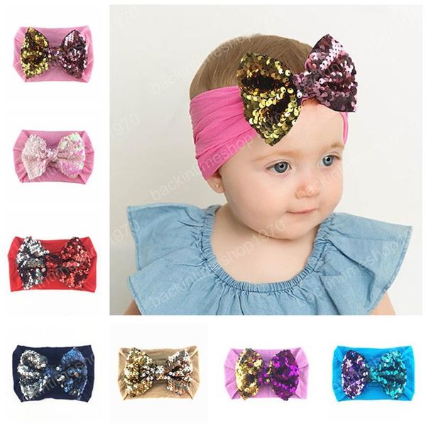 19 Cores 2020 do bebê grandes lantejoulas bowknot Headbands Moda Lantejoula Bow Chefe envoltório do bebê Top Knot Nylon Headband menina Acessórios de cabelo