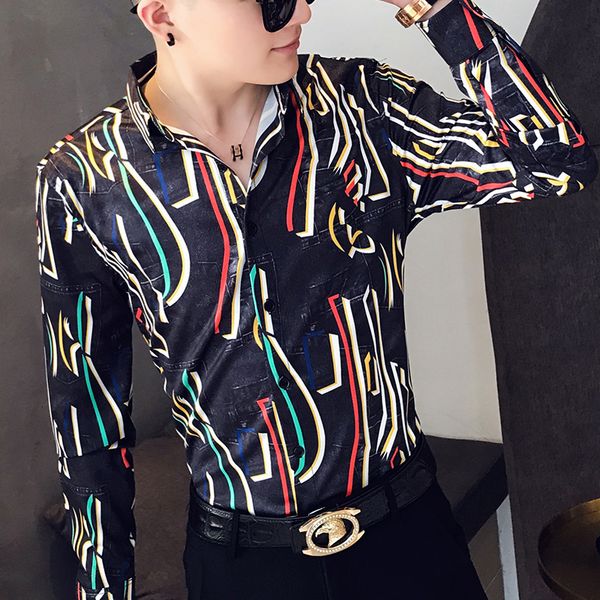 

fashion korean mens long sleeve print shirts men slim fit casual blouse homme 3xl clothes autumn personality printing men shirt, White;black