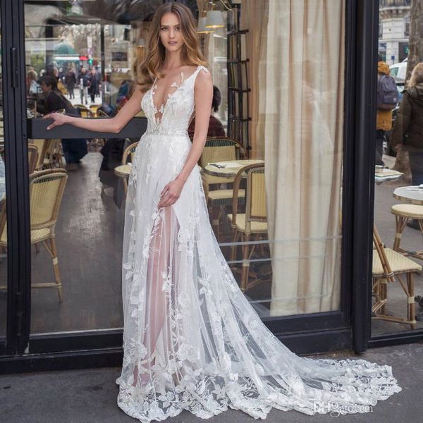 

beach wedding dresses v neck lace appliques illusion skirt bohemian bridal gown sweep train summer robes de mariee, White