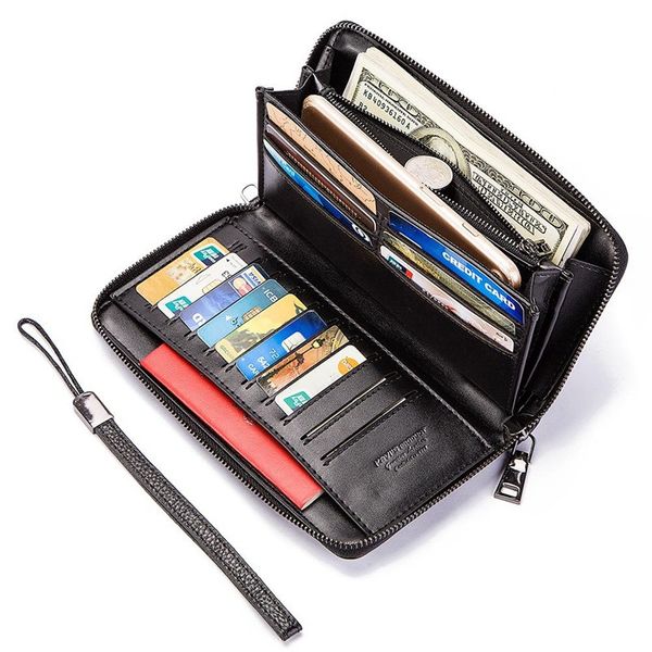 

мода натуральная кожа мужчины клатч кошелек бренд мужской держатель карты длинная молния вокруг путешествия кошелек с паспортом держатель те, Red;black