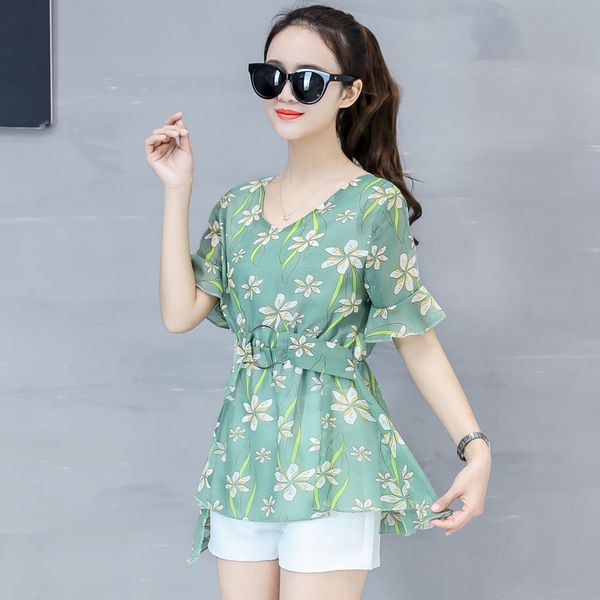 

2019 new korean version of the loose long section of the waist printed chiffon shirt shirt bottoming women's clothing, White