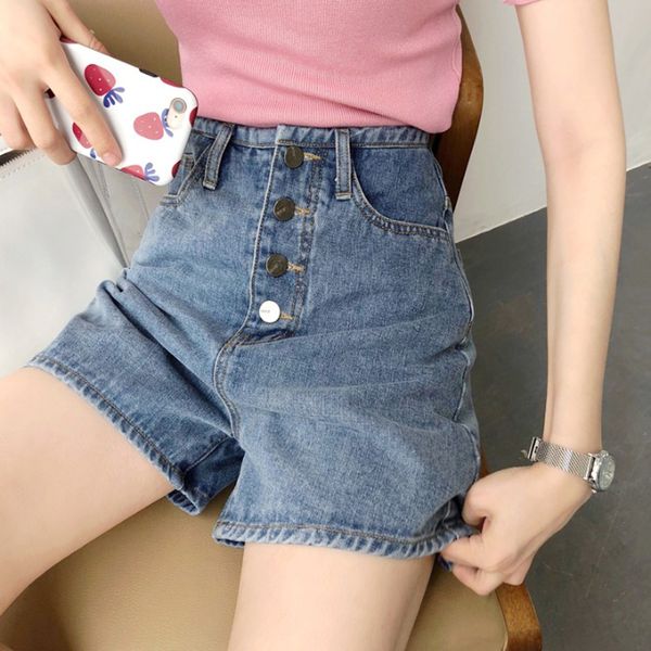 

spring women's korean version of the loose single-breasted jeans high waist wide leg pants shorts, Blue
