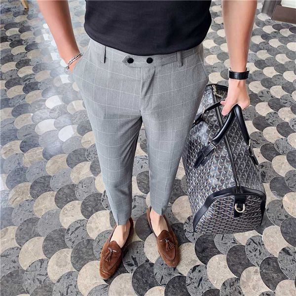 

british style men suit pants fashion 2020 spring summer business plaid pants men slim fit ankle length office trousers 35-29, White;black