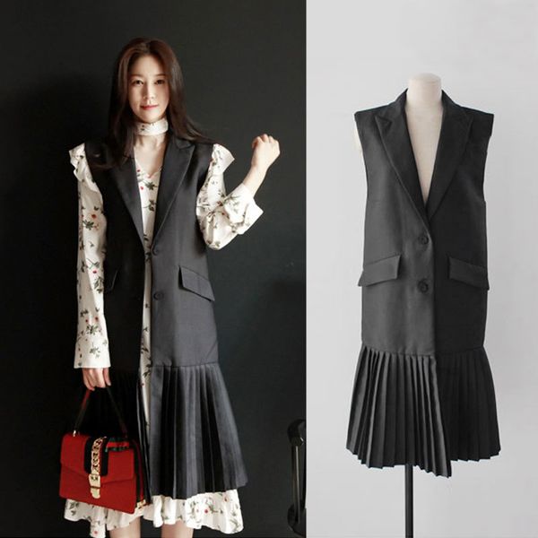 

lanmrem 2019 summer new fashion casual women jacket loose plus pleated single-breasted solid color vest skirt tc137, Black;white