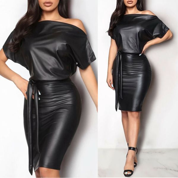 

black asymmetrical faux leather bodycon dress women 2019 summer long sleeve knee length pencil dresses, Black;gray