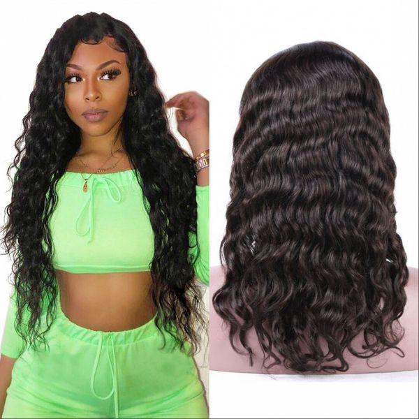 

human hair lace front wigs pre plucked 130% density peruvian virgin hair glueless loose deep wave lace wigs, Black;brown