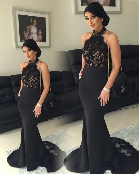 

black mermaid evening dresses 2019 new halter neck lace applique sleeveless party gowns sweep train prom dress 408, Black;red