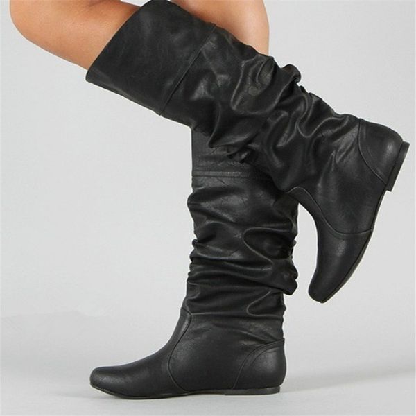 

sepatu wanita fashion woman boots pointed toe patent leather pleated chunky heel boots woman slip-on long flat heel long, Black
